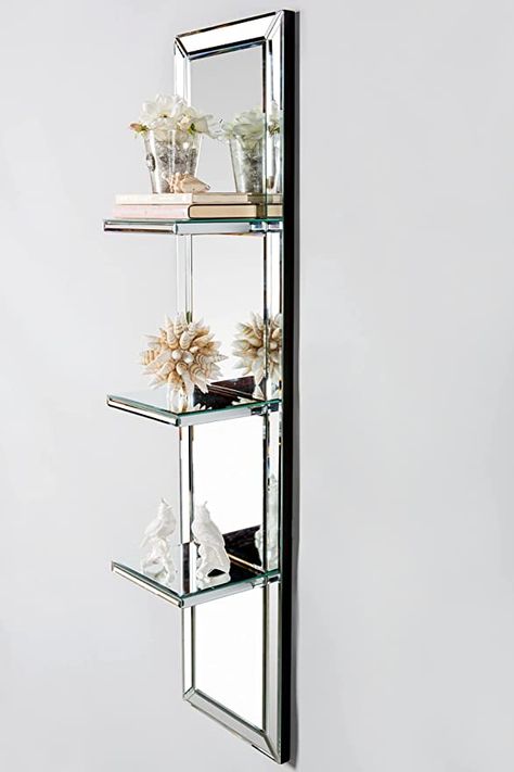 Contemporary Shelves, Glass Shelves In Bathroom, Mirror Furniture, Contemporary Shelving, Shelves Modern, Glass Wall Shelves, Classy Living Room, Wall Mirror With Shelf, Mirrored Wall