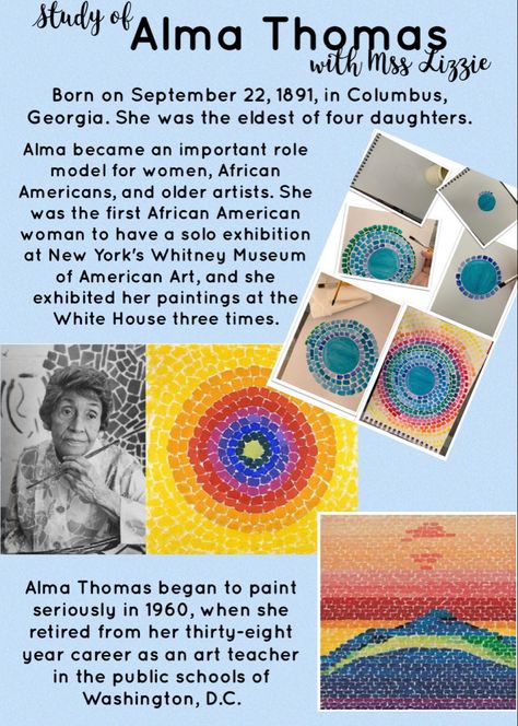 Alma Woodsey Thomas Art Lesson, Alma Thomas Art Projects For Kids, Alma Thomas Art, Alma Thomas, Art Education Lessons, Middle School Art Projects, 3rd Grade Art, Kids Art Class, Art Lessons For Kids