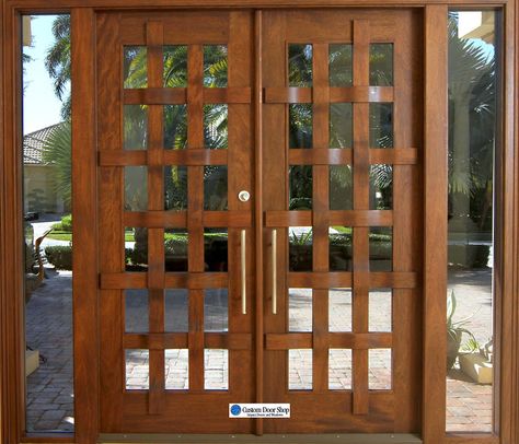 Unique wood double front doors. Basket weave look made from mahogany wood and impact rated glass with matching sidelights. Wood Double Front Doors, Double Wood Front Doors, Barn Door Sliders, Mahogany Wood Doors, Entry Door Designs, Wooden Double Doors, House Front Door Design, House Main Door, Modern Entrance Door