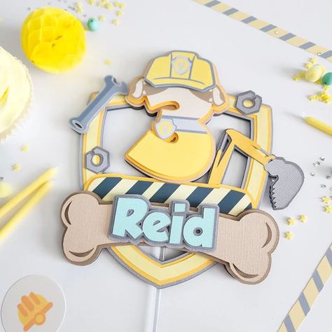 Rubble Paw Patrol Party Ideas, Rubble Birthday Party, Rubble Paw Patrol Cake, Paw Patrol Cake Topper, Butterfly Garden Party, Rubble Paw Patrol, 3d Cake Toppers, Paper Party Decorations, Birthday Party Treats