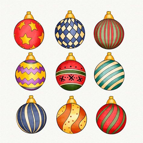 Watercolor christmas ball ornaments coll... | Free Vector #Freepik #freevector #watercolor Christmas Balls Drawing, Colorful Christmas Ornaments, Cheetah Christmas, Christmas Ornament Coloring Page, Vintage Christmas Balls, Yellow Ornaments, Merry Christmas Background, Winter Ornaments, Ornament Drawing