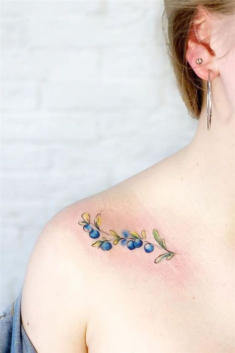 Blueberry branch tattooed along the collarbone | www.otziapp.com Blueberry Branch, Skin Icon, Maine Tattoo, Lobster Tattoo, Watercolor Tattoo Ideas, His Tattoo, Branch Tattoo, Anklet Tattoos, Watercolor Tattoos