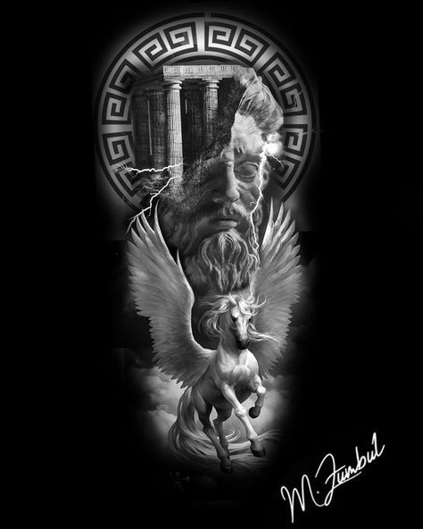 250+ Best Zeus Tattoo Designs With Meanings (2023) Greek Mythology - TattoosBoyGirl Pegasus Sleeve Tattoo, Greek Pegasus Tattoo, Pegasus Tattoo Men, Pegasus Tattoo Mythology, Zeus Tattoo Design Ideas, Greek Mythology Tattoos Sleeve Ideas, Greek Mythology Tattoo Design, Tattoo Ideas Greek, Pegasus Tattoo Design