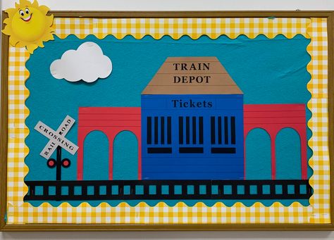 Train station I used by the nursery Train Classroom Door, Train Station Classroom Theme, Train Door Decoration, Diy Train Station Ticket Booth, Train Theme Classroom, Train Bulletin Boards, Sunday School Room Decor, School Bus Clipart, Train Crafts