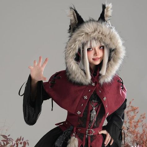 Devil Inspired on Instagram: "🖤Gothic flower window embroidery/ print skirts with detachable overlay. 🐺Matching with shirt, waistcoat with bag & plush wolf tail on belt, faux fur collar hooded cape with detachable wolf ears, accessories. 👉Search 'Wolf Hunter' for full collection. #goth #gothgirl #gothfashion #waistcoat #cape #devilinspired" Fur Coat Fantasy Art, Icelandic Outfits, Deer Inspired Outfit, Wolf Pelt Cloak, Fur Lined Cloak, Poncho Reference, Outfits With Capes, Animal Inspired Outfits, Werewolf Outfit