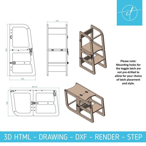 Kids Learning Tower (Kitchen Helper) | Laser Cut - CNC - PDF Plans - Easy DIY This is a digital product! View this product in 3D by downloading the '3D HTML' file to your computer and opening it with your internet browser. Unlock the joy of cooking together with this sleek, multifunctional learning tower designed for small spaces and minimalist homes. Crafted from high-quality natural wood, our learning tower ensures your child can safely participate in kitchen activities. It features a foldable Montessori Tower Diy, Learning Tower Diy Plans, Diy Learning Tower, Learning Tower Diy, Baby Fur, Kitchen Tower, Cnc Furniture Plans, Cnc Router Projects, Router Projects