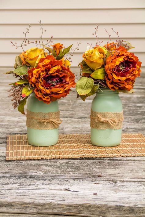 Endless Summer Bouquet in Painted Jar Vase Jar Flower Arrangements, Orange Hydrangeas, Vintage Bottles Decor, Hydrangea Decor, Mason Jar Flower Arrangements, Fall Jars, Mason Jar Arrangements, Fall Entry, Sunflower Birthday