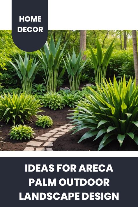 Garden path surrounded by lush areca palms and greenery. Bright, inviting outdoor space. Areca Palm Care, Kitchen Tile Inspiration, Industrial Chic Kitchen, Rustic Industrial Kitchen, Outdoor Landscape Design, Modern Bedroom Colors, Tropical Patio, Areca Palm, Outdoor Landscape