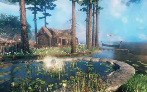 Valheim Village Layout, Valheim Fishing Dock, Valheim Fan Art, Valheim Decoration, Valhiem House Ideas, Valhiem Ideas, Valheim Interior, Valheim Builds, Minecraft House Decor