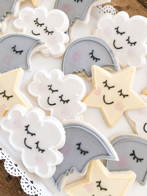 What Cloud You Be Gender Reveal, Sky Theme Baby Shower Ideas, Cloud Baby Shower Cookies, Over The Moon Baby Shower Cake, Over The Moon Cookies, On Cloud Nine Baby Shower Theme, Cloud Sugar Cookies, Moon Sugar Cookies, Twinkle Little Star Baby Shower Ideas