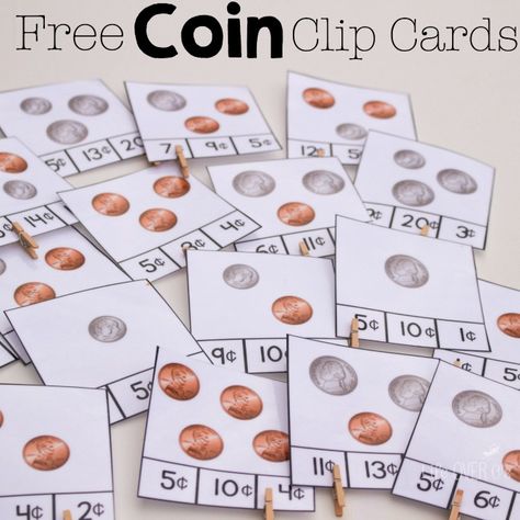 Free counting money clip cards for coins and great book suggestions for learning about money! A wonderful resource for kindergarten. Learning Money, Teaching Money, Money Activities, Counting Coins, Money Math, Money Lessons, Counting Money, Homeschool Math, Clip Cards