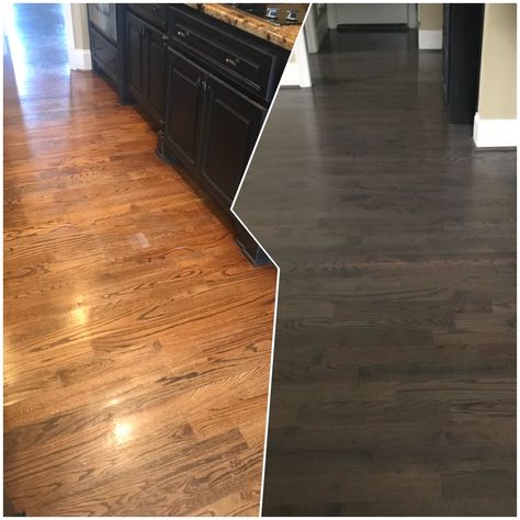 Red oak hardwood floors. Before/After New color is minwax 2 parts classic gray, 1 part Jacobean 3 coats poly. (Only 1 coat of poly down in pic) Love my new color!!! Staining Oak Floors Before And After, Stain Wood Floors Before And After, Stained Hardwood Floors Before And After, Refinished Hardwood Floors Before After, Hardwood Colors, Staining Hardwood Floors, Hardwood Floor Stain Colors, Oak Floor Stains, Floor Stain Colors