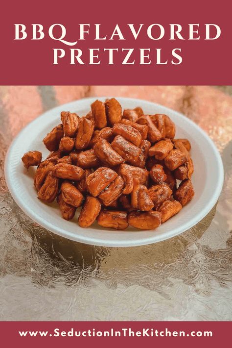 BBQ Flavored Pretzels Flavored Pretzels, Warm Recipes, Spiced Pretzels, Pretzel Chicken, Fall Snack Mixes, Seasoned Crackers, Seasoned Pretzels, Pretzel Recipe, Chicken Chunks