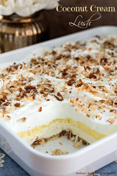 This coconut cream lush is a spin off of a fabulous dessert that's been rotating through Southern kitchens in a variety of flavors for decades. This version begins with a pecan shortbread crust, next a whipped cream cheese layer, then a thick layer of coconut cream custard. The top is frosted with billows of whipped cream and it's finished with a sprinkle of toasted coconut and pecan pieces making it a dessert dream come true for coconut fans. Coconut Cream Lush, Coconut Cream Pie Bars, Lush Desserts, Coconut Recipes Dessert, Lush Recipes, Coconut Desserts, Layered Desserts, Coconut Cream Pie, Whipped Cream Cheese