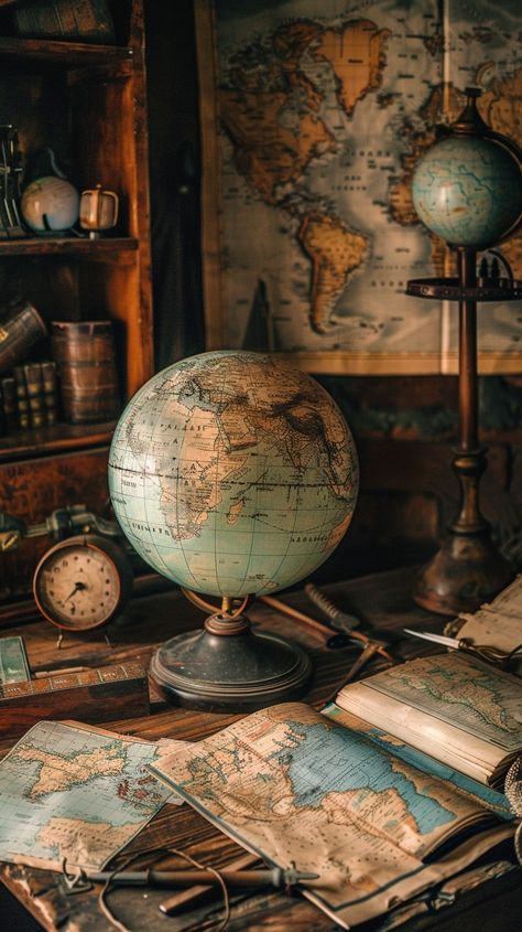 "Vintage Explorer's Desk: An #antique-styled explorer's desk with a classic #globe, surrounded by worn #maps and timeless #artifacts. #exploration #vintage #aiart #aiphoto #stockcake ⬇️ Download and 📝 Prompt 👉 https://stockcake.com/i/vintage-explorers-desk_678329_828978" Explorers Office, Vintage Explorer Aesthetic, Explorer Aesthetic, Desk Globe, Luxury Cat, Purple Sunset, Antique Desk, Modern Dog, Old Maps