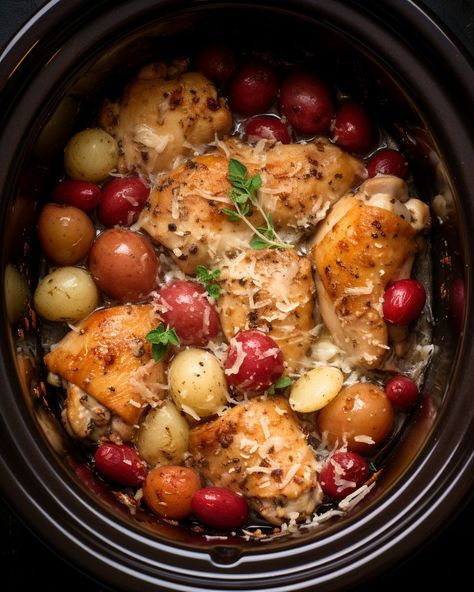 Time and again, this dish proves to be a crowd favorite in our house Slow Cooker Kitchen, Chicken Crockpot Recipes Easy, Garlic Parmesan Chicken, Crockpot Dishes, Chicken Slow Cooker Recipes, Chicken Potatoes, Crock Pot Slow Cooker, My Recipes, Red Grapes