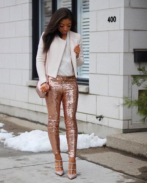 winter outfit inspiration- fall outfit inspiration - street style - street chic style - casual outfits - holiday outfit ideas - how to wear glitter pants - sequin pants outfit - rose gold glitter pants - rose gold pants - rose gold sequin pants - valentino rockstud - amynicolaox - date night outfit Gold Sequin Leggings Outfit, Sequins Leggings Outfit, Gold Sequin Leggings, Sequins Pants Outfit, Gold Sequin Pants, Holiday Party Outfit Casual, Gold Leggings, Sequin Leggings, Casual Party Outfit