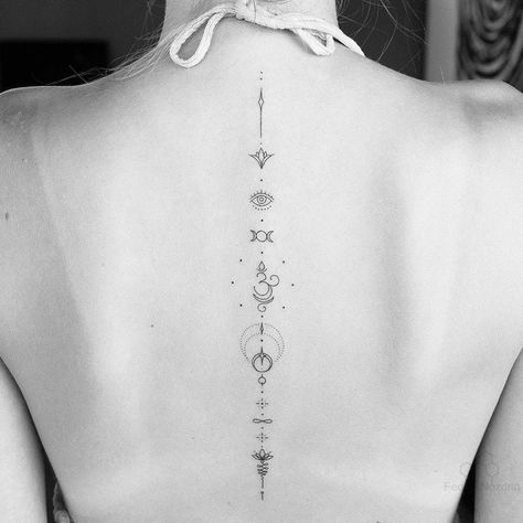 Symbol Chain Tattoo, Rug Tattoo, Hand Tatts, Small Back Tattoos, Unique Small Tattoo, Om Tattoo, Geometric Tattoo Design, Spine Tattoos For Women, Tattoos Women