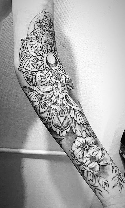 Moth And Mandala Tattoo, Mandala Moth Tattoo, Geometric Flower Tattoo Sleeve, Mandala Flower Tattoos Forearm, Dotwork Tattoo Mandala Dots, Moth Tattoo Sleeve, Dot Work Mandala Design, Moth Mandala Tattoo, Moth And Flower Tattoo