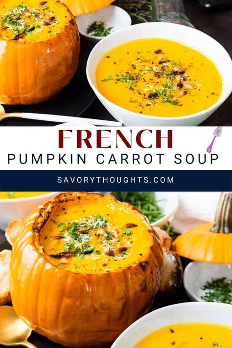 This French Pumpkin Carrot Soup is like a big hug in a bowl. The perfect blend of sweet and savory, it warms, nourishes and delights. #frenchpumpkinsoup #pumpkincarrotsoup #soupjoumou #savorythoughts @Msavorythoughts Pumpkin Carrot Soup, Soup Joumou, Vegan Thanksgiving Dinner, French Soup, Fall Evening, Haitian Food Recipes, Soul Food Dinner, Toasted Pumpkin Seeds, Cooked Carrots