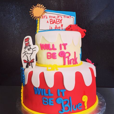 Whimsical Dr Seuss gender reveal cake Dr Seuss Gender Reveal, Gender Reveal Baby Shower Themes, Twin Gender Reveal, Baby Gender Reveal Party Decorations, Dr Seuss Birthday Party, Dr Seuss Baby Shower, Gender Reveal Themes, Gender Reveal Ideas, Dr Seuss Birthday