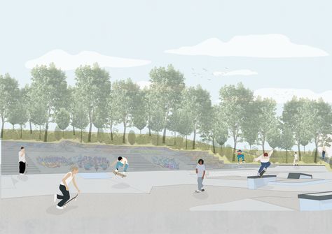 Conceptual illustration of a skatepark in Rijeka. Made with Sketchup and Illustrator. Skatepark Illustration, Rijeka Croatia, Conceptual Illustration, Conceptual Design, Skate Park, Halle, Architecture Drawing, The Locals, Graphic Illustration