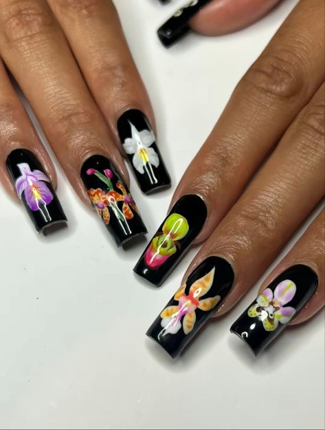 Simple Acrylic Nails, Flowers Black, Nails Only, Hot Nails, Minimalist Nails, Unique Nails, Fire Nails, Funky Nails, Pretty Acrylic Nails