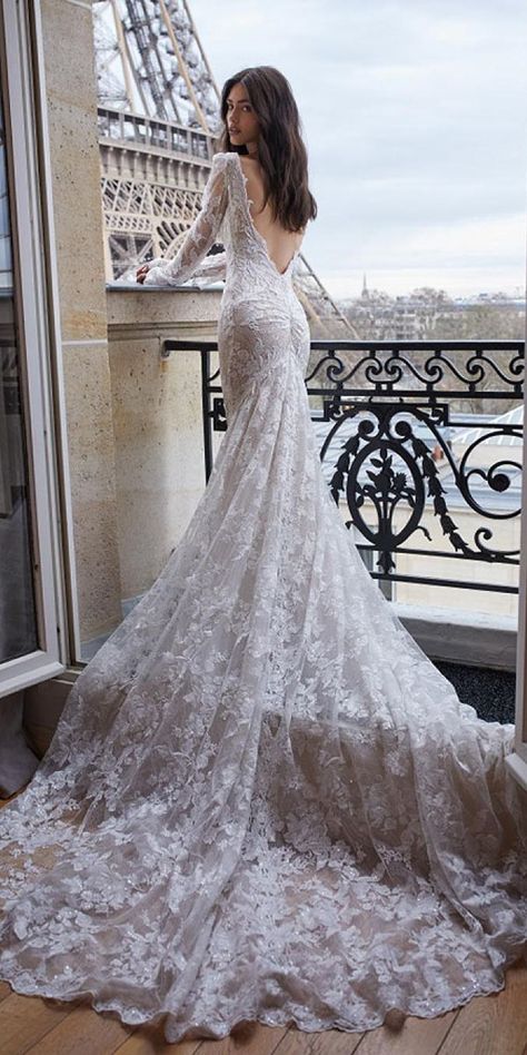 low back wedding dresses mermaid with long sleeves lace embelishment train julie vino Wedding Dress Low Back, Back Wedding Dress, Dream Wedding Ideas Dresses, Backless Wedding, Fair Lady, Sleeve Wedding Dress, Western Wedding, Long Sleeve Wedding, Backless Wedding Dress