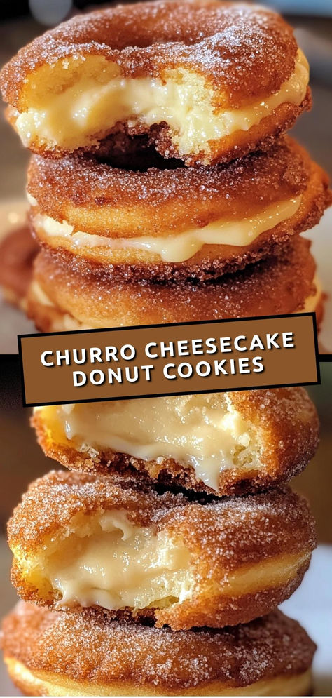 Indulge in these sweet and spiced churro cheesecake donut cookies—perfectly soft, creamy, and coated in cinnamon sugar!

Ingredients:

1 ½ cups all-purpose flour
½ cup unsalted butter, softened
½ cup cream cheese, softened
¼ cup granulated sugar (for coating)
These delicious cookies combine the flavors of churros and cheesecake, making them an irresistible treat for any dessert lover! Cinnamon Churro Cheesecake, Crumble Churro Cookie Recipe, Sugar Dough Recipe, Food With Cinnamon, Cinnamon Sugar Churro Cookies, Cream Cheese Churro Cookies, Stuffed Donut Holes, Churro Cream Cheese Cookies, Yummy Sweets Easy