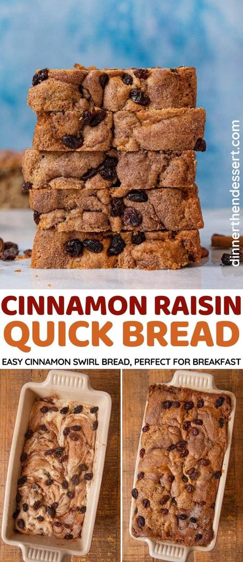 Cinnamon Raisin Quick Bread is an easy, delicious breakfast recipe. Rich and moist buttermilk bread with raisins and a sweet cinnamon swirl made in an hour. #breakfast #dessert #bread #quickbread #raisin #cinnamon #dinnerthendessert Oatmeal Raisin Muffins Moist, Cinnamon Rasin Bread, Cinnamon Raisin Quick Bread, Raisin Quick Bread, Raisin Banana Bread, Raisin Bread Recipe, Easy Delicious Breakfast, Bread With Raisins, Cinnamon Raisin Bread Recipe