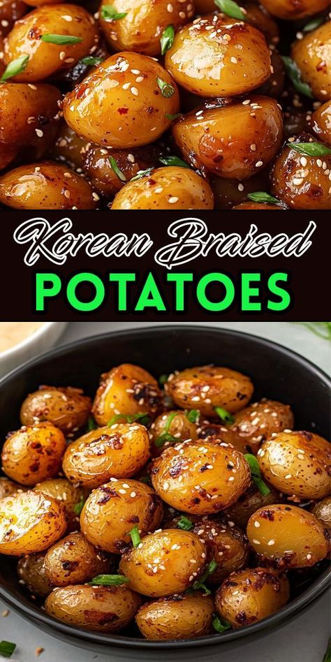 Love bold flavors? Try Korean Braised Potatoes! 🌟 A simple yet delicious dish with tender potatoes in a caramelized soy sauce glaze. 🥔 Easy to make, hard to resist! 🍴❤️ #GamjaJorim #AsianFoodInspo #KoreanCooking Korean Style Potatoes, Korean Potatoes Side Dishes, Korean Potato Recipes, Soy Potatoes, Korean Potato Side Dish, Korean Braised Potatoes, Gamja Jorim, Simple Cooking Ideas, Braised Potatoes