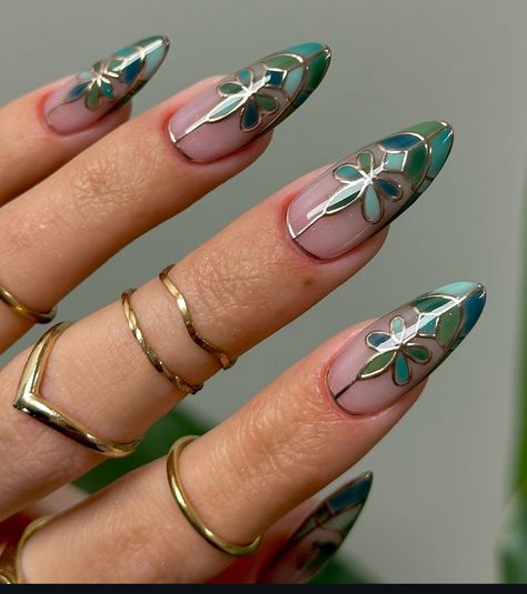 Mosaic Nail Art, Gold Chrome Tips, Glossy Nude Nails, Nails With Gold Chrome, Really Teal, Nude Nails With Gold, Mosaic Nails, Stained Glass Nails, Chrome Tips