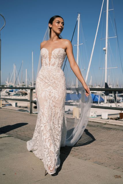 Justin Alexander - Style 88278: Strapless Fit and Flare Dress with Laser Cut Crepe Appliqués Wedding Dress Brands, Plus Size Bride, Justin Alexander, Fit And Flare Wedding Dress, Designer Wedding Gowns, Mothers Dresses, New Wedding Dresses, Bride Look, Perfect Wedding Dress