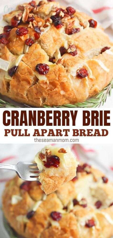 Brie Stuffed Bread, Brie Bread Pull Apart, Christmas Brie Appetizers, Cranberry Brie Pull Apart Bread, Brie Christmas, Brie Pull Apart Bread, Christmas Party Food Appetizers, Brie Cheese Appetizer, Cheesy Pull Apart Bread