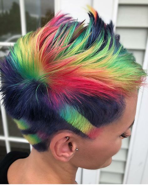 Rainbow Hair Color Short Pixie, Rainbow Undercut, Rainbow Pixie Hair, Modern Oc, Short Rainbow Hair, Hairstyles Undercut, Beard Color, Wild Hair Color, Vivid Hair