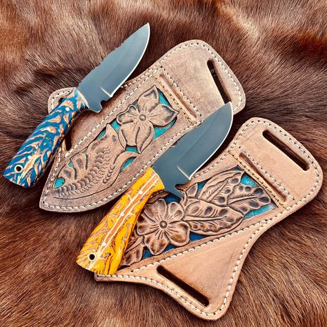 there is offer 2 for 1 deal the knife is made of 1095 steel .overall length is 8 inches .handle is made of pinecone and resin  ,both comes with leather sheath . Tooled Leather Ideas, Western Gift Ideas, Leather Knife Sheath Pattern, Custom Leather Work, 1095 Steel, Western Stuff, Diy Leather Projects, Cowgirl Accessories, Cowboy Gear