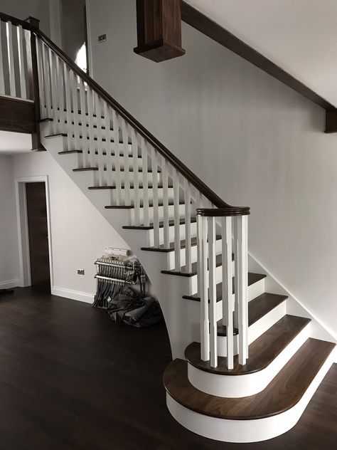 Dark & White Wood Staircase | G & L Staircases White With Dark Wood, Birch Floors, Old House Design, Stair Cases, White Staircase, White Stairs, House Staircase, Wood Staircase, Dark Floors