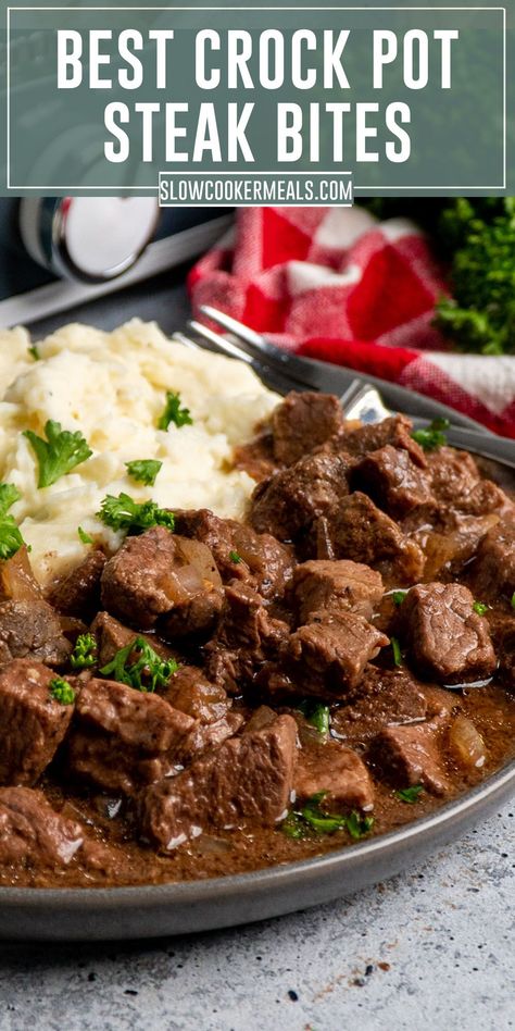 Steak bites on a plate with mashed potatoes. Large Sirloin Steak Recipes, Sirloin Steak Casserole Recipes, Crock Pot Steak Bites, Sirloin Steak Bites, Top Round Steak Recipes, Crock Pot Steak, Top Sirloin Steak Recipe, Crockpot Steak Recipes, Sirloin Recipes