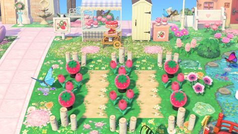 Animal Crossing Strawberry Farm, Acnh Berry Farm, Strawberry Island Animal Crossing, Animal Crossing Strawberry Design, Strawberry Shortcake Animal Crossing, Acnh Strawberry Farm, Animal Crossing Strawberry Shortcake, Acnh Strawberry Code, Acnh Strawberry Shortcake