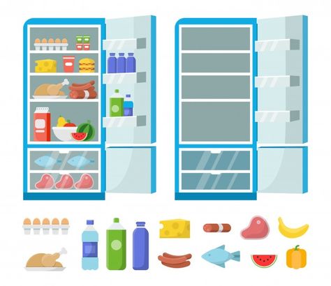 Flat fridge . full and empty refrigerato... | Premium Vector #Freepik #vector #food #water #cartoon #kitchen Empty Refrigerator, English Language Activities, Empty Fridge, Preschool Activity Books, Infographics Template, Boys Playroom, Banner Web, Homemade Halloween Decorations, Illustration Flat