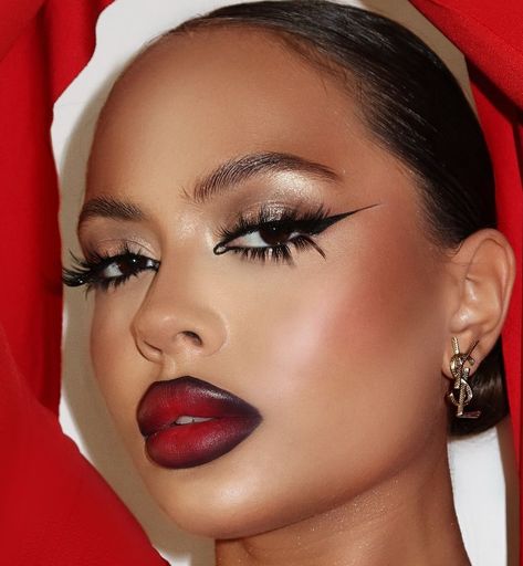 Makeup Looks With A Red Lip, Editorial Makeup Looks Black Women, Red Lipstick Black Liner, Red Dramatic Makeup, Queen Of Hearts Inspired Makeup, Soft Red Makeup Looks, Soft Glam With Red Lip, Makeup Shoot Ideas Photoshoot, Red Lip Makeup Look Black Women