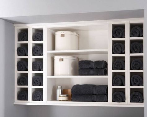 towel storage Spa Towel Storage Shelves, Towel Storage Salon Shelves, In Wall Towel Storage, Salon Towel Storage Ideas, Howdens Bathrooms, Bathroom Towel Storage Ideas, Salon Shelves, Towel Display, Bathroom Towel Storage