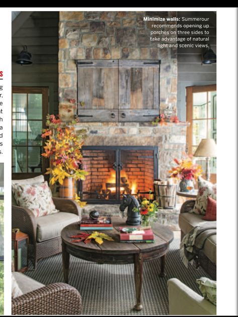 Stone Fireplace e and hidden TV Over Fireplace Hidden Tv Over Fireplace, Tennessee Cabins, Tv Over Fireplace, Hidden Tv, Fireplace Mantel Decor, Fall Mantel Decorations, Outdoor Living Room, Home Landscaping, Marble Fireplaces