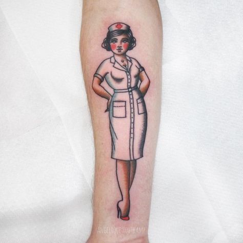 Another wonderful tattoo by my favorite artist. Angelique Houtkamp, Amsterdam Nurse Pin Up Tattoo, Angelique Houtkamp, Pin Up Tattoo, Nurse Tattoo, Tattoo Time, Nursing Pins, Up Tattoo, Vintage Flash, Pin Up Tattoos