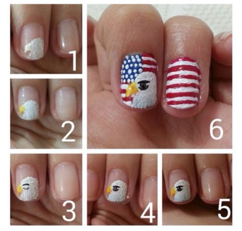 Bald eagle nail art for the 4th of July Bald Eagle Nail Art, Eagle Nails Design, 4th Of July Nail Ideas, Eagle Nails, 4th Of July Nail Designs, Red White Blue Nails, July Nail Designs, 4th Nails, Clear Nail Designs