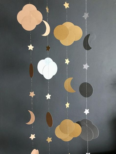 Garland Wall Decor, Moon Garland, Astrology Moon, Gold Card, Space Nursery, Star Garland, Nursery Baby Room, Gold Moon, Gold Ribbon