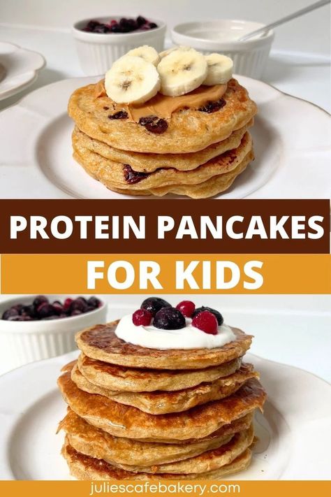 photo of protein pancakes for kids with banana on top, and photo of protein pancakes for kids with greek yogurt and berries on top Protein Pancakes For Kids, Healthy Kids Pancakes, Pancake Recipe For Kids, Pancakes For Kids, Protein Snacks For Kids, Trader Joes Meal Planning, Healthy Kids Meals, Healthy Toddler Breakfast, Sugar Free Pancakes