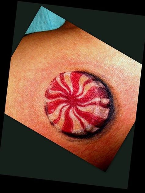 peppermint tattoo, realistic tattoo by haley adams White Stripes Tattoo, Peppermint Tattoo, Stripe Tattoo, Oz Tattoo, Candy Tattoo, Unusual Tattoo, Funky Tattoos, Peppermint White, Cool Arm Tattoos