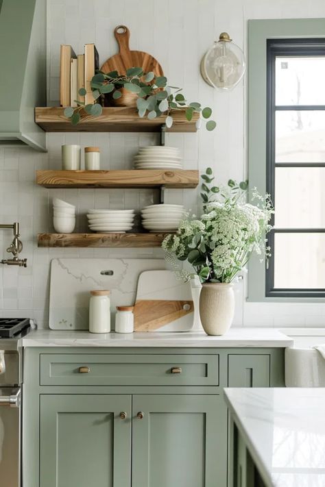 50+ Serene Kitchens with Sage Green Cabinets Sage Green Cabinets, Light Green Kitchen, Sage Kitchen, Green Backsplash, Sage Green Kitchen, Green Kitchen Cabinets, House Deco, Painting Kitchen, Frame House