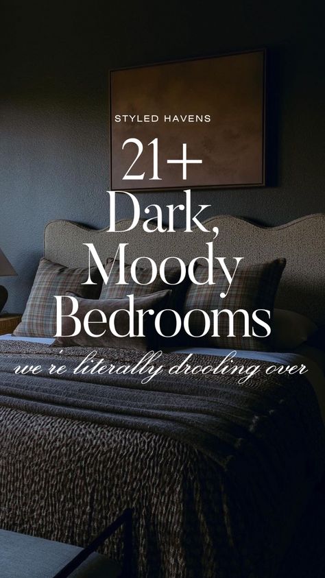 Searching for modern bedroom ideas and love the moody romantic bedroom vibe? It's no secret dark bedroom designs are trending in 2024, and these moody bedroom spaces are a MUST-SEE when it comes to bedroom design and bedroom style. (SAVE to your bedroom inspo board for when you're ready to plan your dream space!) Dark Cozy Aesthetic, Moody Bedrooms, Dark Modern Bedroom, Moody Romantic Bedroom, Dark Bedroom Walls, Dark Romantic Bedroom, Dark And Moody Bedroom, Moody Bedroom Ideas, Dark Accent Walls